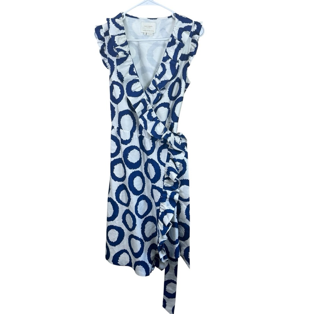 Kate Spade SIZE 8 100% silk Aubrey‎ blue white geometric wrap mini dress